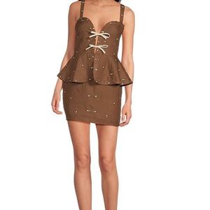 Fanm Mon Helaina Floral Embroidered Bow Front Sweetheart Neck Peplum Dress